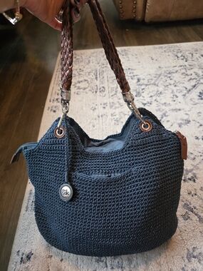 The Sak Indio Crochet Boho Shoulder Bag - Navy Blue Braided Handles